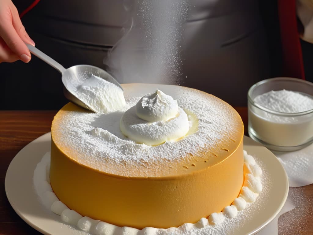  An ultradetailed closeup image of a fine mesh sieve filled with powdered sugar, gently being tapped by a hand to create a snowy dusting over a freshly baked sponge cake. The texture of the sugar cascading down through the sieve is crystal clear, capturing the moment of sweet perfection in baking. hyperrealistic, full body, detailed clothing, highly detailed, cinematic lighting, stunningly beautiful, intricate, sharp focus, f/1. 8, 85mm, (centered image composition), (professionally color graded), ((bright soft diffused light)), volumetric fog, trending on instagram, trending on tumblr, HDR 4K, 8K