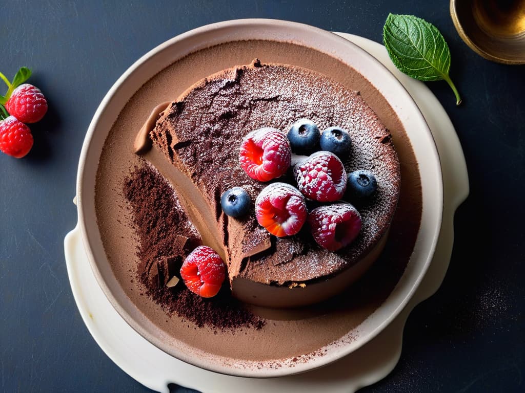  An ultrahighresolution image of a decadent chocolate avocado mousse topped with fresh raspberries, dusted with cocoa powder, and elegantly garnished with mint leaves on a sleek, white minimalist plate. The rich, creamy texture of the mousse contrasts beautifully with the vibrant colors of the berries, creating an enticing visual that embodies indulgence and healthfulness. The presentation is artfully arranged to convey sophistication and elegance, making it an ideal fit for the professional and inspiring tone of the article on sugarfree desserts. hyperrealistic, full body, detailed clothing, highly detailed, cinematic lighting, stunningly beautiful, intricate, sharp focus, f/1. 8, 85mm, (centered image composition), (professionally color graded), ((bright soft diffused light)), volumetric fog, trending on instagram, trending on tumblr, HDR 4K, 8K