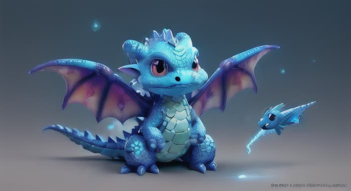  {The second image shows a small, timid dragon with glowing scales and wisps of smoke coming from his nostrils, looking up at the fairy with big, innocent eyes., Blaze is a baby dragon with shiny scales that change color in the light. His eyes are round and curious, and his wings are still small as he is just learning to fly.