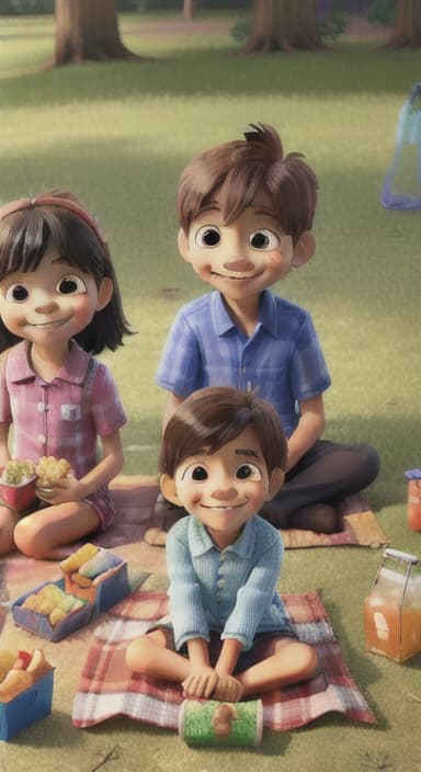  {Kids sitting around a picnic blanket, enjoying juice boxes and snacks., Children happily eating snacks, with crumbs on their faces and big smiles.