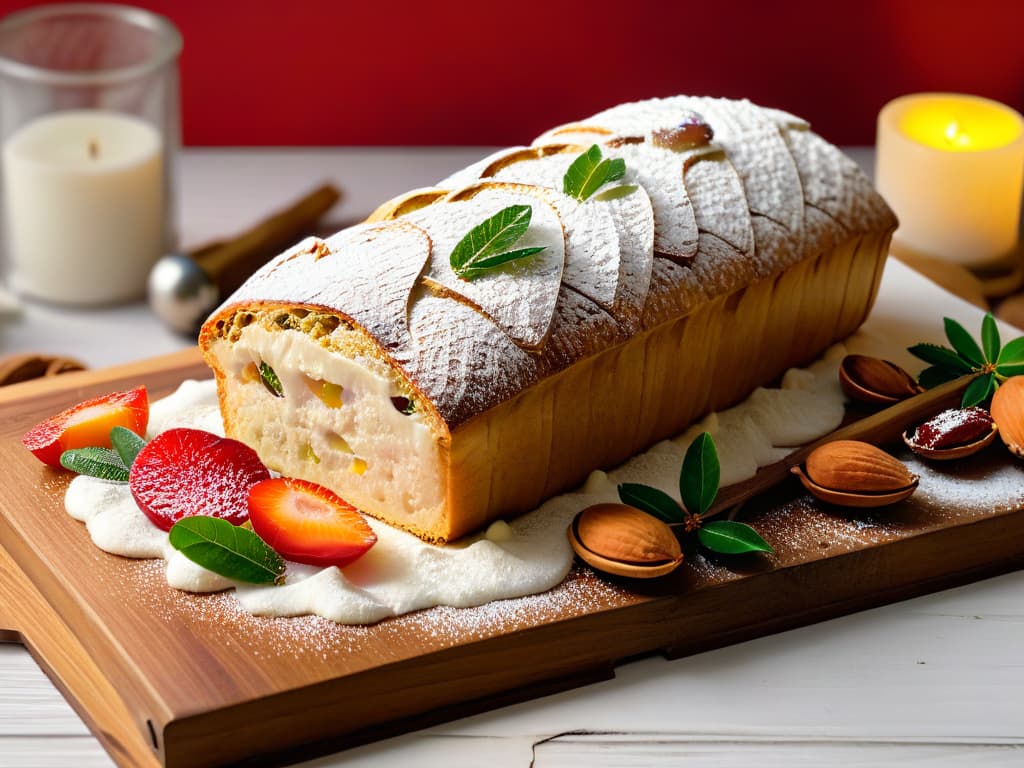  An ultradetailed, 8K image of a freshly baked Stollen, dusted with powdered sugar and adorned with vibrant red and green candied fruits, golden almonds, and a hint of aromatic spices, resting on a rustic wooden table with a sprinkling of flour. The lighting is soft and warm, highlighting the textures of the bread's crust, the glistening fruits, and the intricate details of the almond slices. The background is subtly blurred, emphasizing the exquisite simplicity and elegance of this traditional German Christmas treat. hyperrealistic, full body, detailed clothing, highly detailed, cinematic lighting, stunningly beautiful, intricate, sharp focus, f/1. 8, 85mm, (centered image composition), (professionally color graded), ((bright soft diffused light)), volumetric fog, trending on instagram, trending on tumblr, HDR 4K, 8K