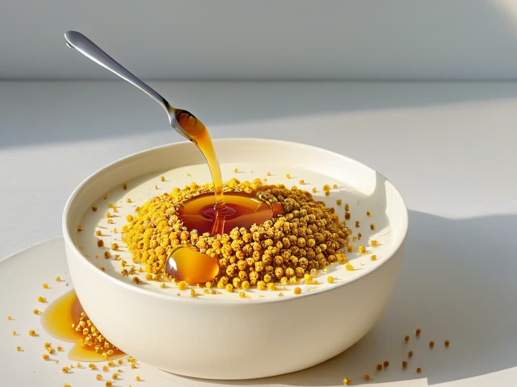  An ultradetailed image of a pristine white bowl filled with a delicate, goldenhued honey drizzle swirling around a spoonful of vibrant, nutrientrich bee pollen granules, set against a clean, minimalist backdrop of soft, natural lighting casting gentle shadows to highlight the texture and colors of the ingredients. hyperrealistic, full body, detailed clothing, highly detailed, cinematic lighting, stunningly beautiful, intricate, sharp focus, f/1. 8, 85mm, (centered image composition), (professionally color graded), ((bright soft diffused light)), volumetric fog, trending on instagram, trending on tumblr, HDR 4K, 8K