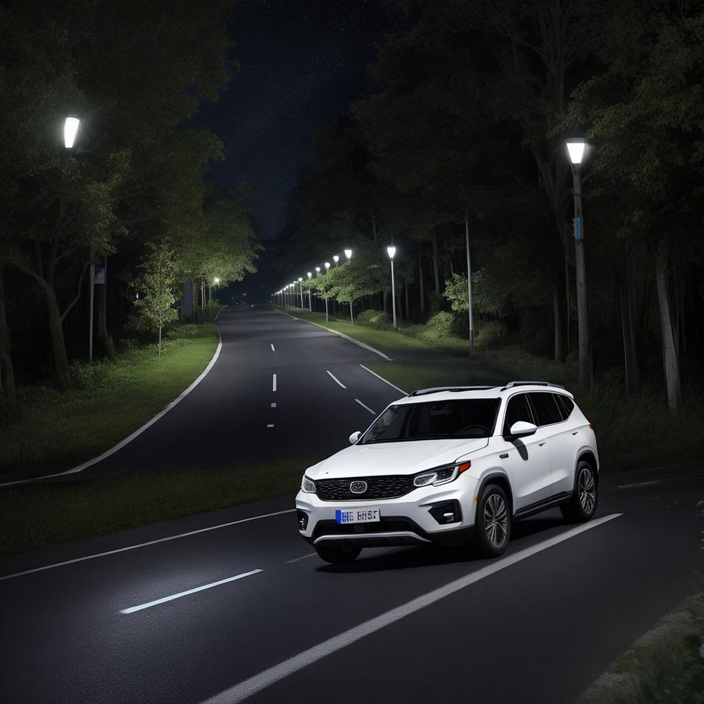  masterpiece, best quality, night A white SUV driving on the road surrounded by lush trees, black sky, bright street lights, no complicated things and people