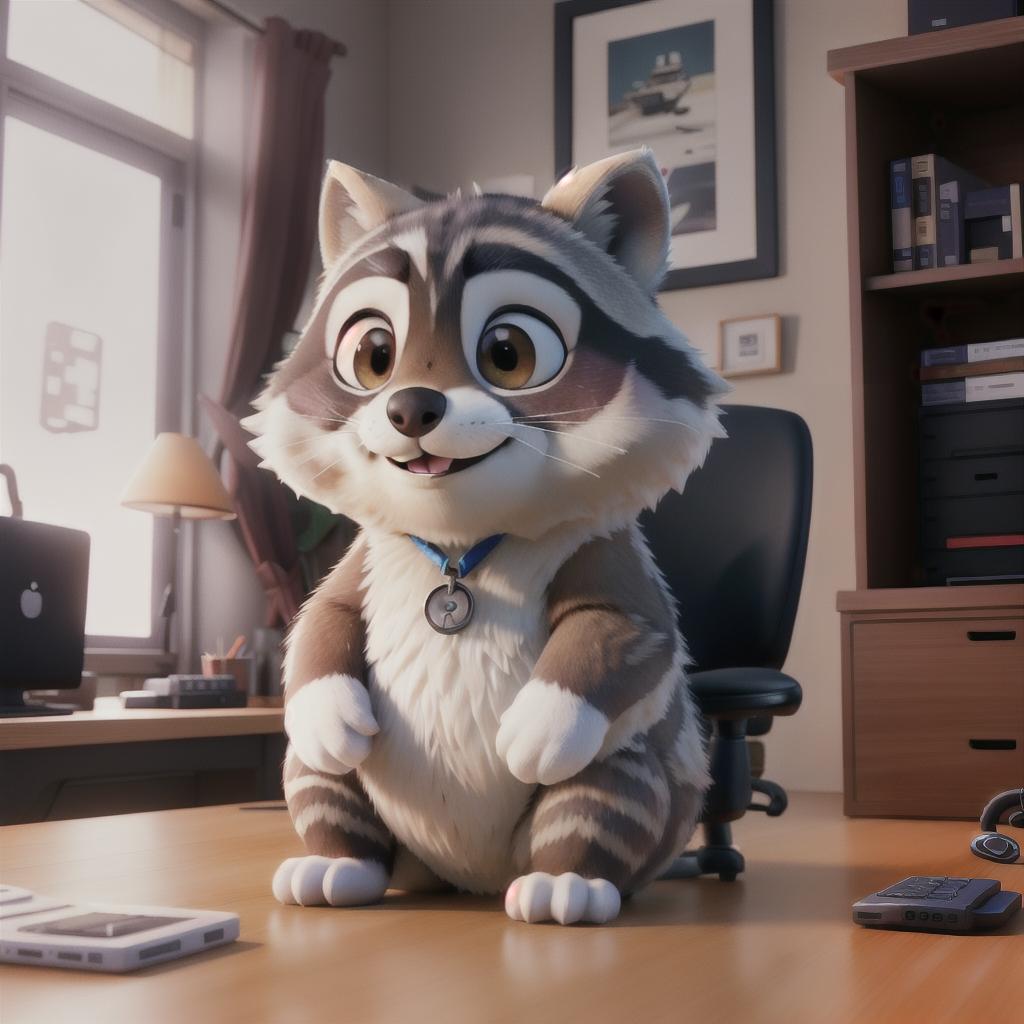  raccoon sitting in gaming chair front a computer on desktop, ((semi anthropomorphic)),(full body), tail, belly, sitting, fat, (chubby), (((white background))), solo, desktop, gaming chair, side view,  [[[clothes]]] hyperrealistic, full body, detailed clothing, highly detailed, cinematic lighting, stunningly beautiful, intricate, sharp focus, f/1. 8, 85mm, (centered image composition), (professionally color graded), ((bright soft diffused light)), volumetric fog, trending on instagram, trending on tumblr, HDR 4K, 8K