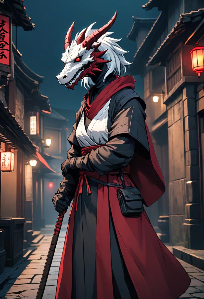  anime artwork Calm environment with city, Dragon head, Female white dragonborn with a stick, defensive stance, wearing a monk robe, Darkest dungeon style, d&d, aged black red paper, lonely, full body, magic, more realistic style, . anime style, key visual, vibrant, studio anime, highly detailed hyperrealistic, full body, detailed clothing, highly detailed, cinematic lighting, stunningly beautiful, intricate, sharp focus, f/1. 8, 85mm, (centered image composition), (professionally color graded), ((bright soft diffused light)), volumetric fog, trending on instagram, trending on tumblr, HDR 4K, 8K