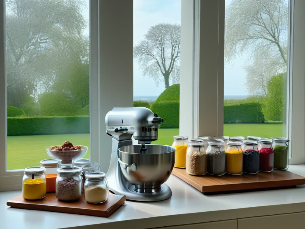  An ultradetailed image of a pristine, modern kitchen with sleek countertops, a marble backsplash, and an array of colorful baking ingredients neatly organized in glass jars. A ray of sunlight filters through a large window, casting a soft, warm glow over the scene. A minimalist white stand mixer with a stainless steel bowl sits on the counter, ready to whip up delicious treats. The image exudes a sense of calm and elegance, inviting viewers to embark on their online baking journey in a serene and stylish setting. hyperrealistic, full body, detailed clothing, highly detailed, cinematic lighting, stunningly beautiful, intricate, sharp focus, f/1. 8, 85mm, (centered image composition), (professionally color graded), ((bright soft diffused light)), volumetric fog, trending on instagram, trending on tumblr, HDR 4K, 8K