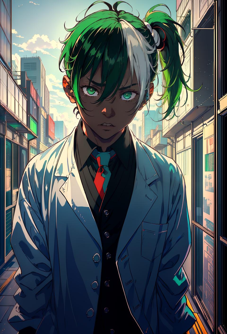  ((trending, highres, masterpiece, cinematic shot)), 1boy, young, male lab coat, rooftop scene, medium-length straight green hair, side ponytail,  heterochromia eyes, flamboyant pose, dramatic personality, relaxed expression, very dark skin, epic, clever