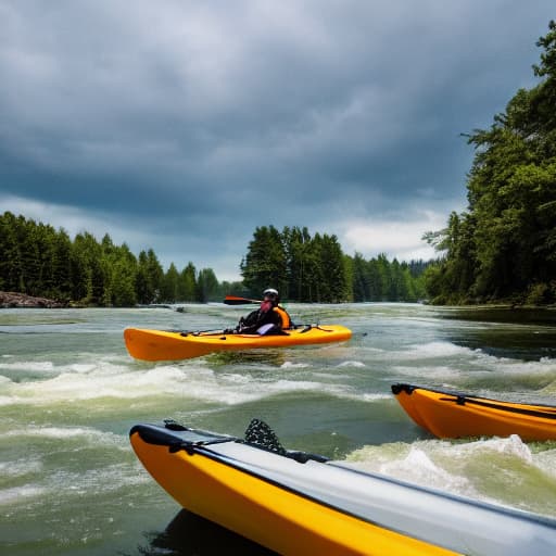  Three friends, each in their own kayak, paddle through the serene waters of a beautiful river. However, one friend's kayak is overturned, highlighting the potential dangers of kayaking and the importance of safety measures. Apply the Following Styles Comic, Electrifying Art hyperrealistic, full body, detailed clothing, highly detailed, cinematic lighting, stunningly beautiful, intricate, sharp focus, f/1. 8, 85mm, (centered image composition), (professionally color graded), ((bright soft diffused light)), volumetric fog, trending on instagram, trending on tumblr, HDR 4K, 8K