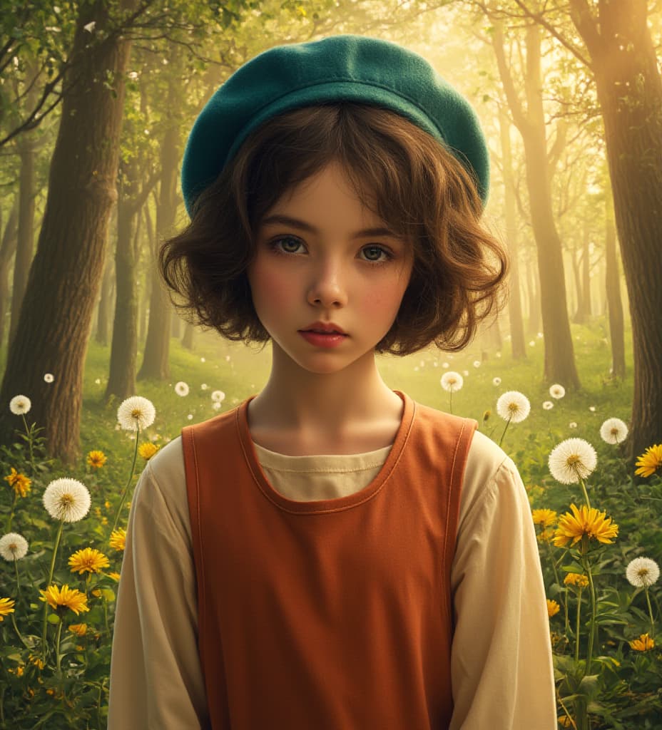  good quality, high quality, a young with short, slightly curly dark hair and expressive eyes, wearing a teal beret and a warm toned, rustic outfit with a red orange top and cream colored sleeves. she stands amidst a dreamy, ethereal forest backdrop with soft, glowing light and dandelions floating in the air. the color palette is a mix of deep greens, warm oranges, and soft yellows, with a painterly, textured, and slightly impressionistic style. the overall mood is calm, serene, and introspective