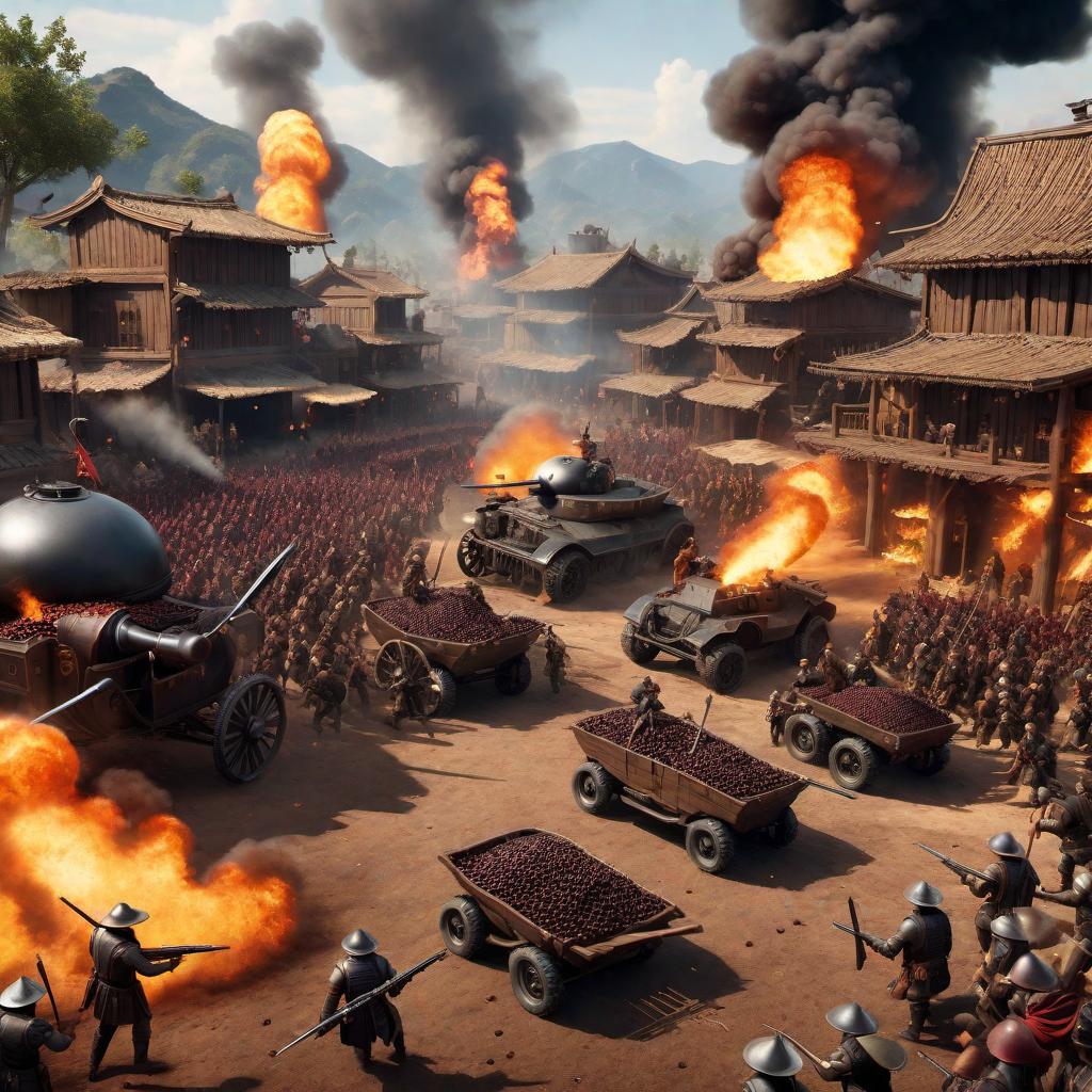  An imaginary world where beans are engaged in a dramatic and intense war. Visualize different types of beans (like black beans, pinto beans, kidney beans, etc.) equipped with tiny weapons and engaged in a battle scene. Include explosions, smoke, and a chaotic battlefield background. hyperrealistic, full body, detailed clothing, highly detailed, cinematic lighting, stunningly beautiful, intricate, sharp focus, f/1. 8, 85mm, (centered image composition), (professionally color graded), ((bright soft diffused light)), volumetric fog, trending on instagram, trending on tumblr, HDR 4K, 8K