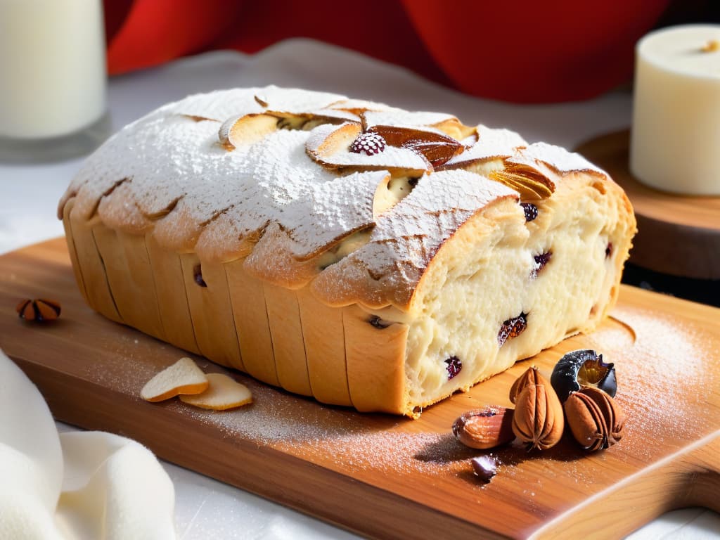  A highresolution, minimalist image of a freshly baked traditional German Stollen loaf, dusted with powdered sugar, resting on a rustic wooden cutting board. The Stollen is artfully sliced to reveal a generous filling of marzipan, dried fruits, and nuts, showcasing its rich texture and festive ingredients. The soft golden crust glistens under a gentle light, highlighting the intricate folds of the dough and creating an inviting and authentic culinary scene. hyperrealistic, full body, detailed clothing, highly detailed, cinematic lighting, stunningly beautiful, intricate, sharp focus, f/1. 8, 85mm, (centered image composition), (professionally color graded), ((bright soft diffused light)), volumetric fog, trending on instagram, trending on tumblr, HDR 4K, 8K