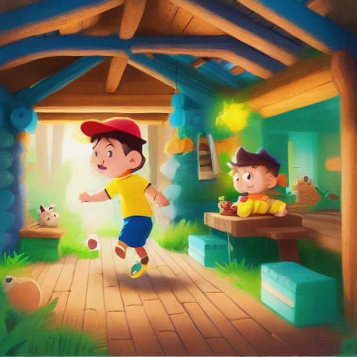  a boy with yellow hat, blue shirt, green shorts is chasing by a black bear