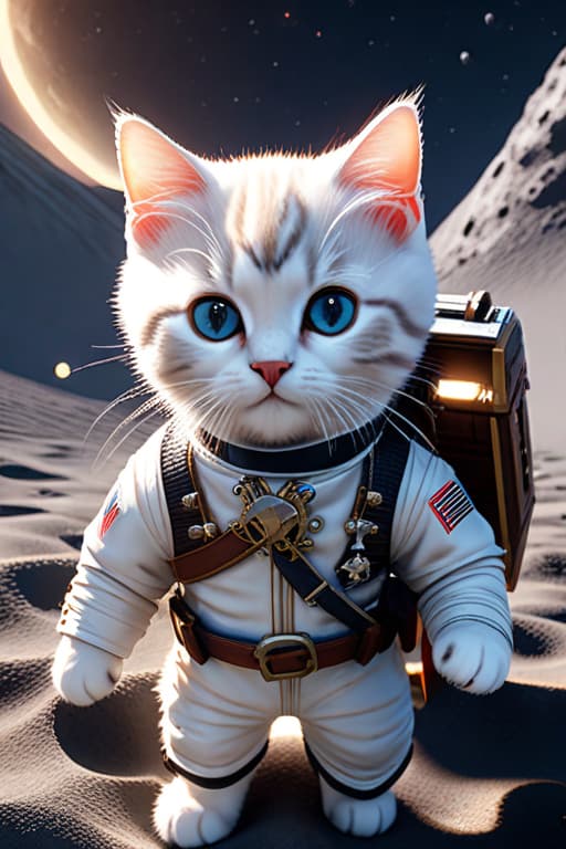  10 little pirate cats , in space suits on the Moon , high detailed , 8K hyperrealistic, full body, detailed clothing, highly detailed, cinematic lighting, stunningly beautiful, intricate, sharp focus, f/1. 8, 85mm, (centered image composition), (professionally color graded), ((bright soft diffused light)), volumetric fog, trending on instagram, trending on tumblr, HDR 4K, 8K