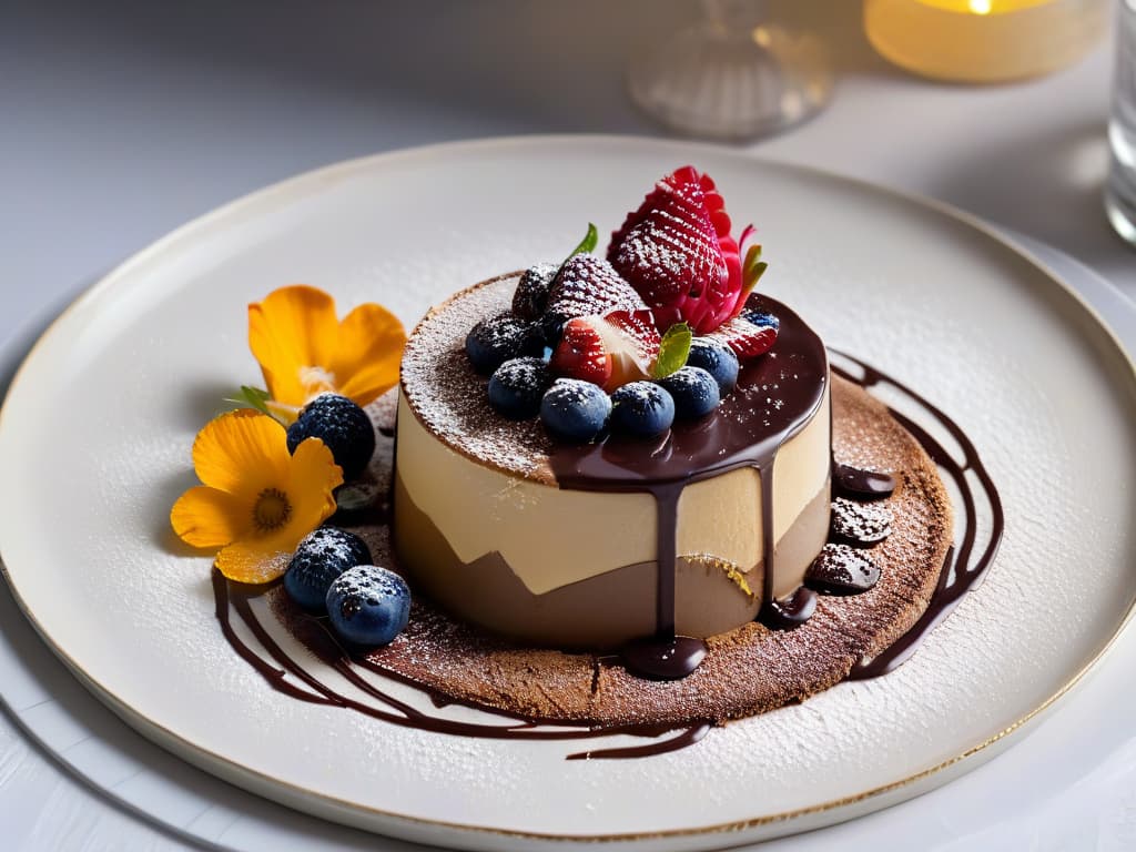  A highresolution image of a luxurious dessert plated on a sleek, modern white plate, featuring intricate swirls of chocolate sauce, delicate edible gold flakes, vibrant fresh berries, and a dusting of powdered sugar. The dessert is elegantly garnished with a single blooming edible flower, set against a dark backdrop to highlight its refined presentation and exquisite details. The lighting is soft, casting a gentle glow on the dessert to create a sophisticated and inviting ambiance. hyperrealistic, full body, detailed clothing, highly detailed, cinematic lighting, stunningly beautiful, intricate, sharp focus, f/1. 8, 85mm, (centered image composition), (professionally color graded), ((bright soft diffused light)), volumetric fog, trending on instagram, trending on tumblr, HDR 4K, 8K