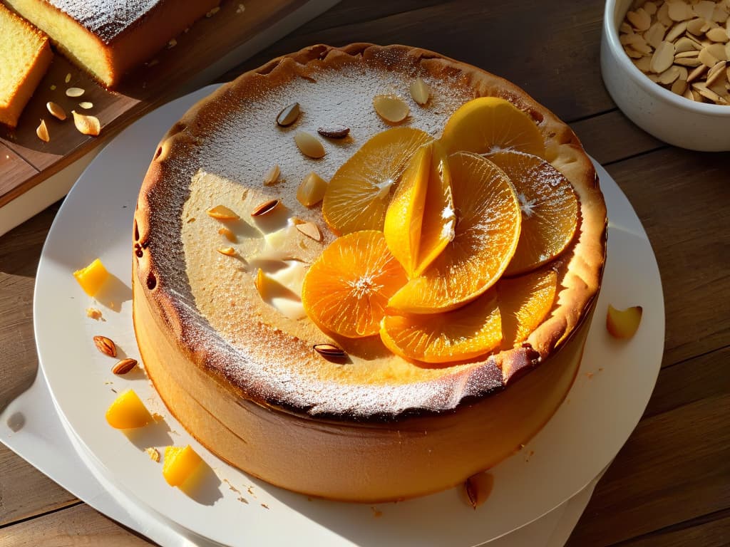  A closeup, photorealistic image of a freshly baked orange and almond cake resting on a rustic wooden table. The cake is perfectly moist, with visible specks of orange zest and crunchy almond slices on top. Sunlight streams in from a nearby window, casting a warm, inviting glow on the golden crust of the cake. Crumbs of sliced almonds are scattered artfully around the plate, enhancing the visual appeal of this delectable dessert. hyperrealistic, full body, detailed clothing, highly detailed, cinematic lighting, stunningly beautiful, intricate, sharp focus, f/1. 8, 85mm, (centered image composition), (professionally color graded), ((bright soft diffused light)), volumetric fog, trending on instagram, trending on tumblr, HDR 4K, 8K