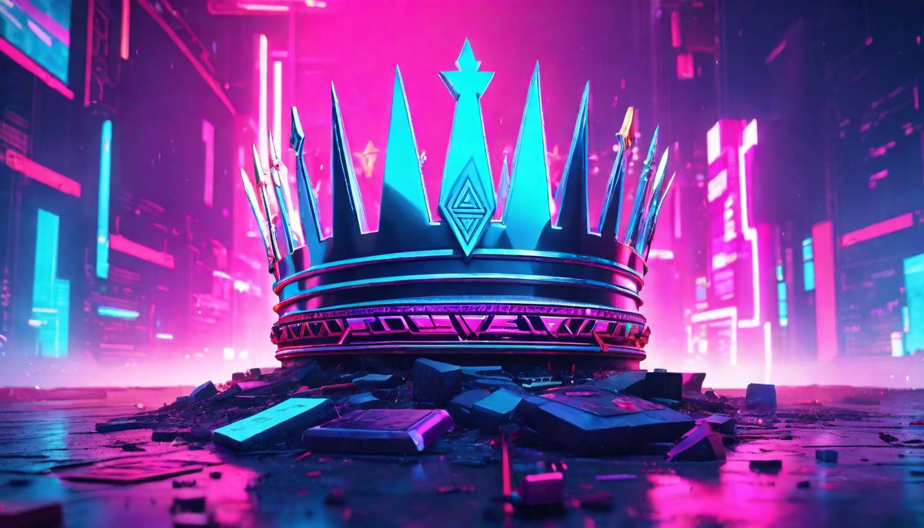  vaporwave,cyberpunk game style A crown and scepter discarded on the ground, disarray around symbols of power, The fall of authority, symbols lost in turmoil, Stark, a visual metaphor for questioning legitimacy, Raw and unfiltered, the chaos of challengeeon, dystopian, futuristic, digital, vibrant, detailed, high contrast, reminiscent of cyberpunk genre video games,retro aesthetic, cyberpunk, vibrant, neon colors, vintage 80s and 90s style, highly detailed