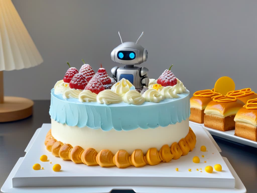  An ultradetailed, 8k image showing a sleek and modern small bakery kitchen with a small humanoid robot expertly decorating a beautifully crafted cake with precision and finesse. The robot, with shiny metallic arms and a friendly face display, is surrounded by a clean, organized workspace filled with colorful icing bags, sprinkles, and freshly baked goods. The scene exudes a sense of innovation and efficiency in the traditional art of pastrymaking, highlighting the successful integration of technology in small bakeries. hyperrealistic, full body, detailed clothing, highly detailed, cinematic lighting, stunningly beautiful, intricate, sharp focus, f/1. 8, 85mm, (centered image composition), (professionally color graded), ((bright soft diffused light)), volumetric fog, trending on instagram, trending on tumblr, HDR 4K, 8K