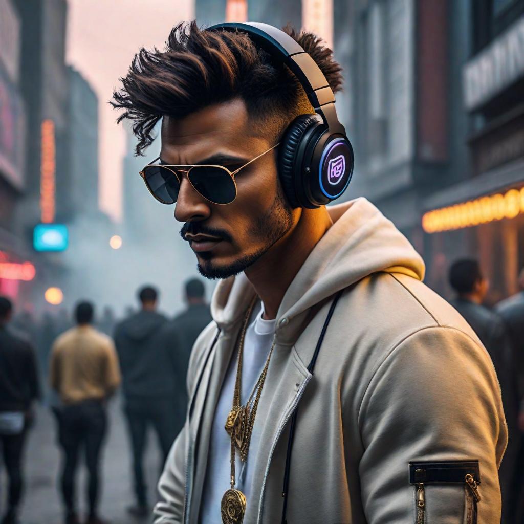  Picture a person whose music list consists of 13% of traprun genre, 4% of gaming edm genre, 4% of indian edm genre, 4% of alt z genre, 4% of scandipop genre, 4% of talent show genre, 4% of viral pop genre, 4% of post pop genre, 4% of vapor pop genre, 8% of future bounce genre, 4% of pop edm genre, 4% of k pop group genre, 4% of deep big room genre, 4% of techno remix genre, 4% of electropop genre, 4% of uk pop genre, 4% of serbian electronic genre, 8% of melodic dubstep genre, 4% of turkish edm genre. This person's style should reflect all the music genres he listens to, from more to less, depending on their dominance. hyperrealistic, full body, detailed clothing, highly detailed, cinematic lighting, stunningly beautiful, intricate, sharp focus, f/1. 8, 85mm, (centered image composition), (professionally color graded), ((bright soft diffused light)), volumetric fog, trending on instagram, trending on tumblr, HDR 4K, 8K