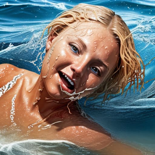  tanned blonde woman's face is in the water she's sinking and drowning she's panic a lot of water waves and splashes around