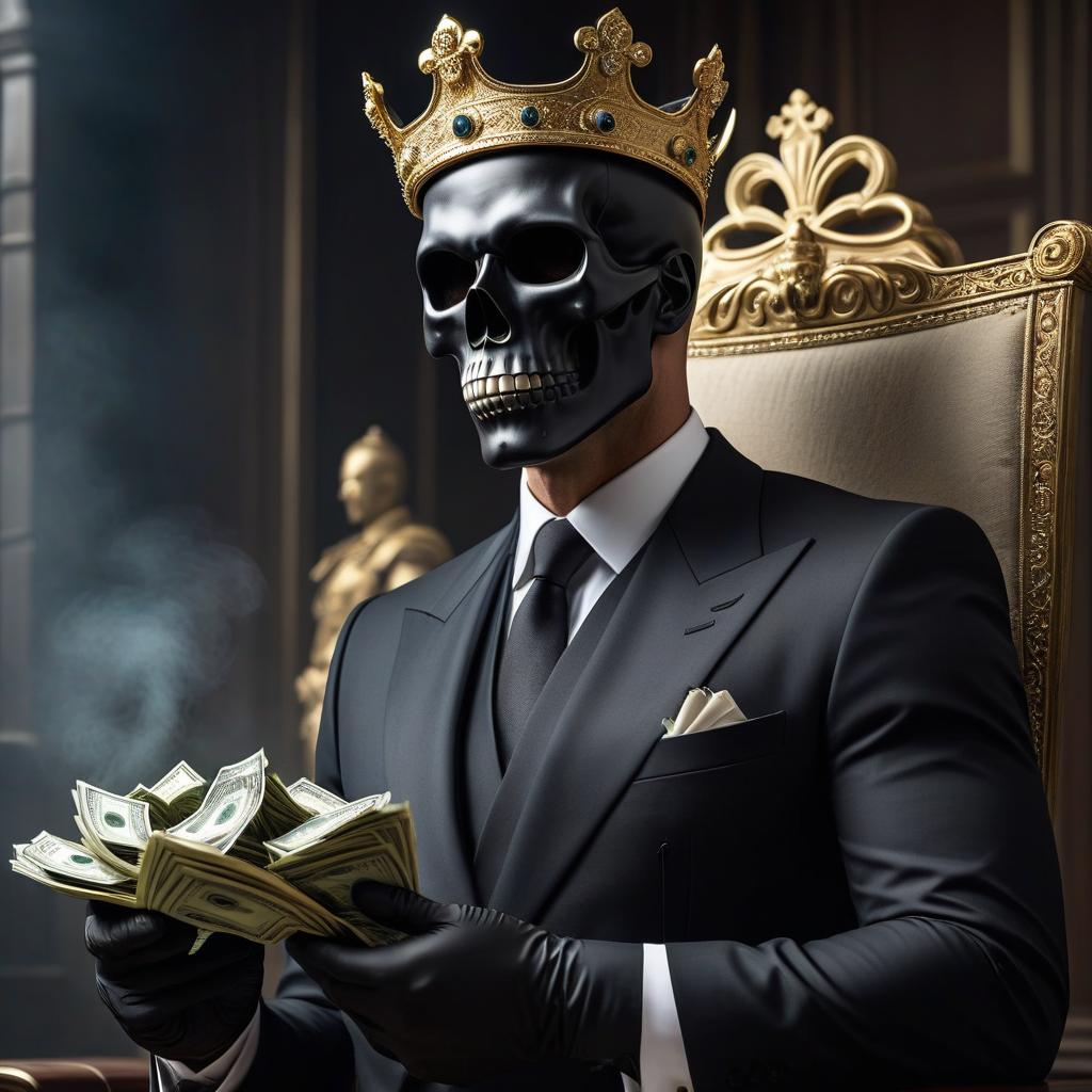  breathtaking Men in an expensive suit and royal robes, a black skull mask on their face, with a crown on their head, counting money in their hands . award winning, professional, highly detailed hyperrealistic, full body, detailed clothing, highly detailed, cinematic lighting, stunningly beautiful, intricate, sharp focus, f/1. 8, 85mm, (centered image composition), (professionally color graded), ((bright soft diffused light)), volumetric fog, trending on instagram, trending on tumblr, HDR 4K, 8K