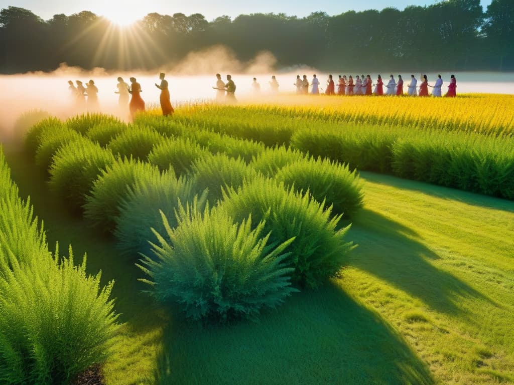  A photorealistic image of a vibrant summer solstice celebration scene, set in a lush green field under a clear blue sky. In the foreground, a diverse group of people from different cultures are joyfully partaking in various traditional summer solstice activities, such as dancing, singing, and feasting on an array of colorful and delectable desserts. The scene is illuminated by the warm golden light of the setting sun, casting long shadows and creating a magical, festive atmosphere. The air is filled with the sound of laughter and music, and the sense of unity and joy is palpable. hyperrealistic, full body, detailed clothing, highly detailed, cinematic lighting, stunningly beautiful, intricate, sharp focus, f/1. 8, 85mm, (centered image composition), (professionally color graded), ((bright soft diffused light)), volumetric fog, trending on instagram, trending on tumblr, HDR 4K, 8K