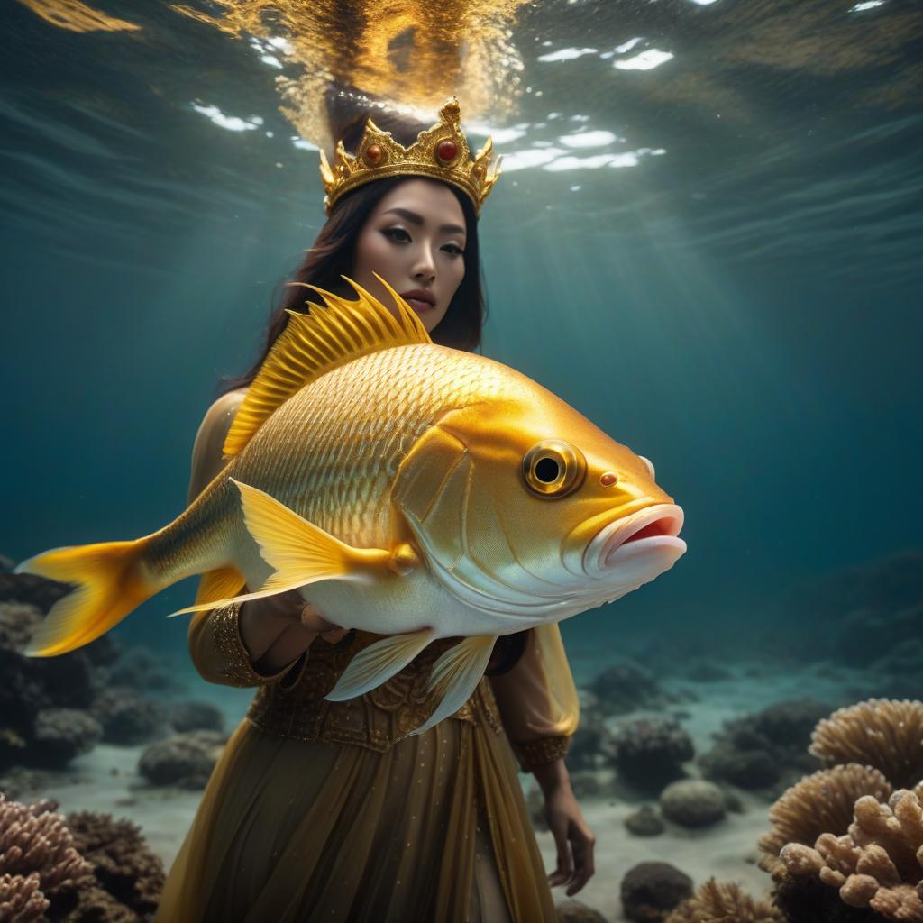  A golden fish with a crown on its head peeks out of the sea. hyperrealistic, full body, detailed clothing, highly detailed, cinematic lighting, stunningly beautiful, intricate, sharp focus, f/1. 8, 85mm, (centered image composition), (professionally color graded), ((bright soft diffused light)), volumetric fog, trending on instagram, trending on tumblr, HDR 4K, 8K