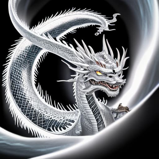  silver Chinese dragon spiraling out of a visible black hole