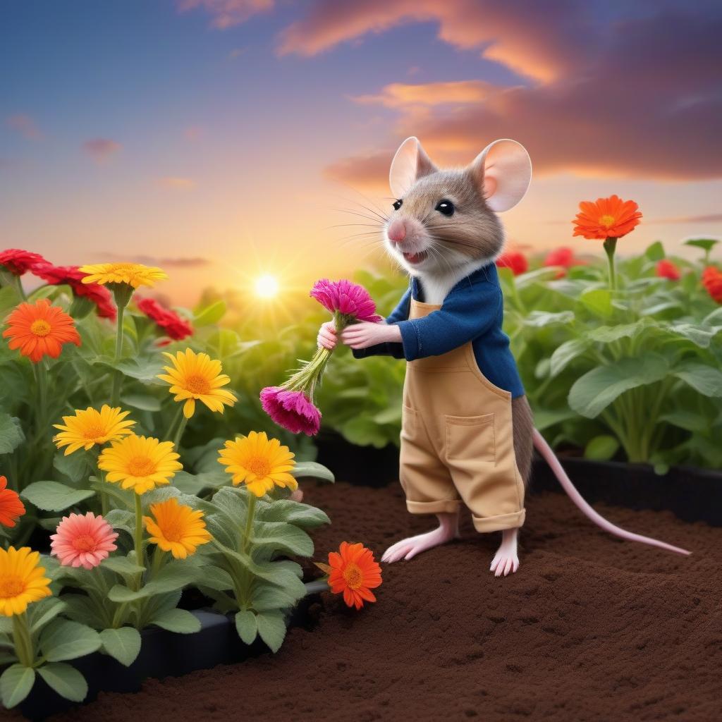  The mouse dressed as a gardener is pouring a flower bed with flowers against the background of sunset