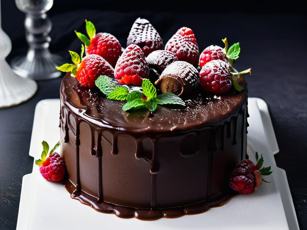  A closeup, highresolution image of a vegan chocolate cake with rich, glossy ganache dripping down the sides. The cake is beautifully decorated with fresh raspberries and mint leaves, placed on a sleek, modern white plate against a simple, elegant black background. The ganache is perfectly smooth and shiny, creating a luxurious and indulgent feel. hyperrealistic, full body, detailed clothing, highly detailed, cinematic lighting, stunningly beautiful, intricate, sharp focus, f/1. 8, 85mm, (centered image composition), (professionally color graded), ((bright soft diffused light)), volumetric fog, trending on instagram, trending on tumblr, HDR 4K, 8K