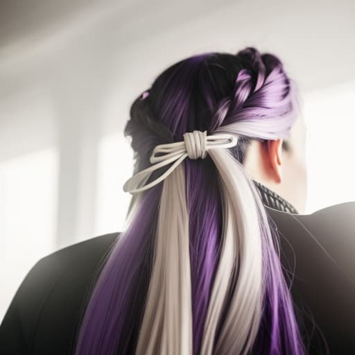  A girl's long purple hair from the back and the background is a photography studio hyperrealistic, full body, detailed clothing, highly detailed, cinematic lighting, stunningly beautiful, intricate, sharp focus, f/1. 8, 85mm, (centered image composition), (professionally color graded), ((bright soft diffused light)), volumetric fog, trending on instagram, trending on tumblr, HDR 4K, 8K