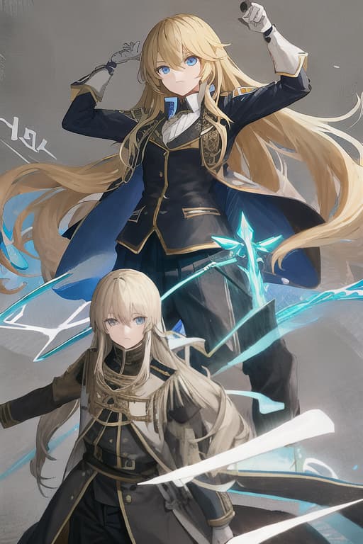 Blond, blue eyes, long hair, high  s, uniforms, big s, rolled arms, short s