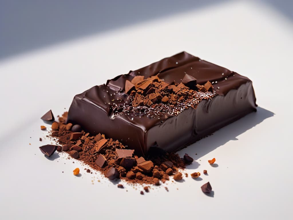  A closeup, ultradetailed image of a dark chocolate bar broken in half, revealing the rich, textured cocoa nibs embedded within. The lighting is soft, highlighting the intricate details of the nibs and the glossy sheen of the chocolate. The background is a subtle gradient that fades from deep brown to luxurious black, enhancing the minimalist aesthetic of the image while exuding a sense of sophistication and premium quality. hyperrealistic, full body, detailed clothing, highly detailed, cinematic lighting, stunningly beautiful, intricate, sharp focus, f/1. 8, 85mm, (centered image composition), (professionally color graded), ((bright soft diffused light)), volumetric fog, trending on instagram, trending on tumblr, HDR 4K, 8K