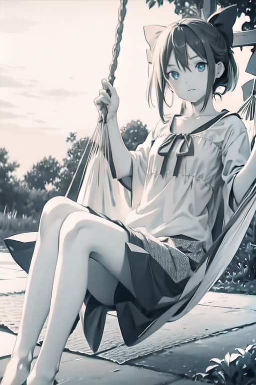  Cirno on a hammock, old manga style, monochrome