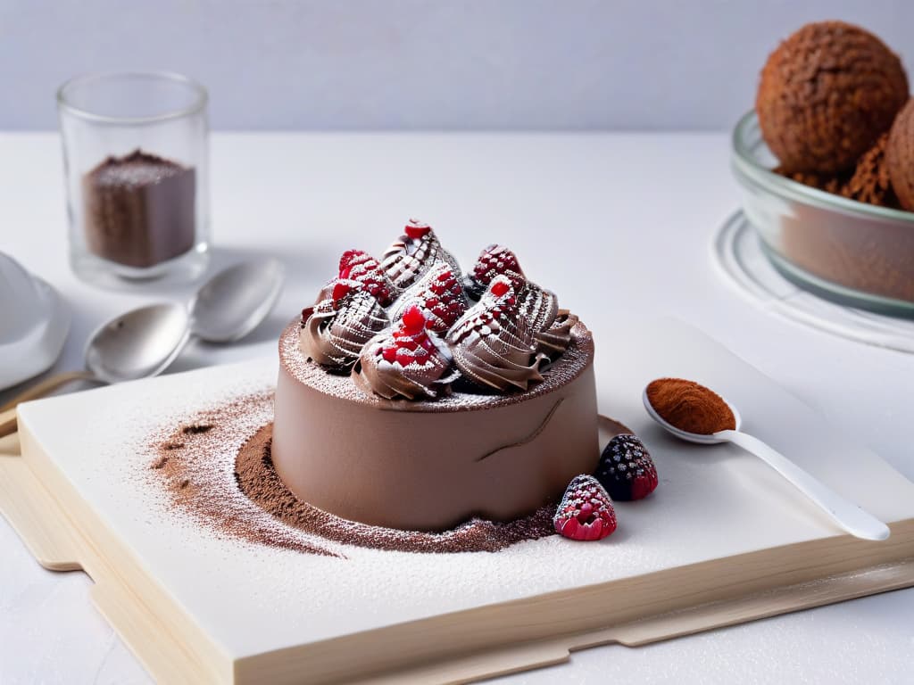  A closeup, highresolution image of a decadent sugarfree chocolate mousse elegantly garnished with fresh raspberries and a dusting of cocoa powder. The sleek white dessert bowl sits on a marble countertop, casting soft shadows, with a modern silver spoon placed delicately beside it. The rich and creamy texture of the mousse contrasts beautifully with the vibrant red of the berries, creating a visually stunning and appetizing composition that exudes sophistication and elegance. hyperrealistic, full body, detailed clothing, highly detailed, cinematic lighting, stunningly beautiful, intricate, sharp focus, f/1. 8, 85mm, (centered image composition), (professionally color graded), ((bright soft diffused light)), volumetric fog, trending on instagram, trending on tumblr, HDR 4K, 8K