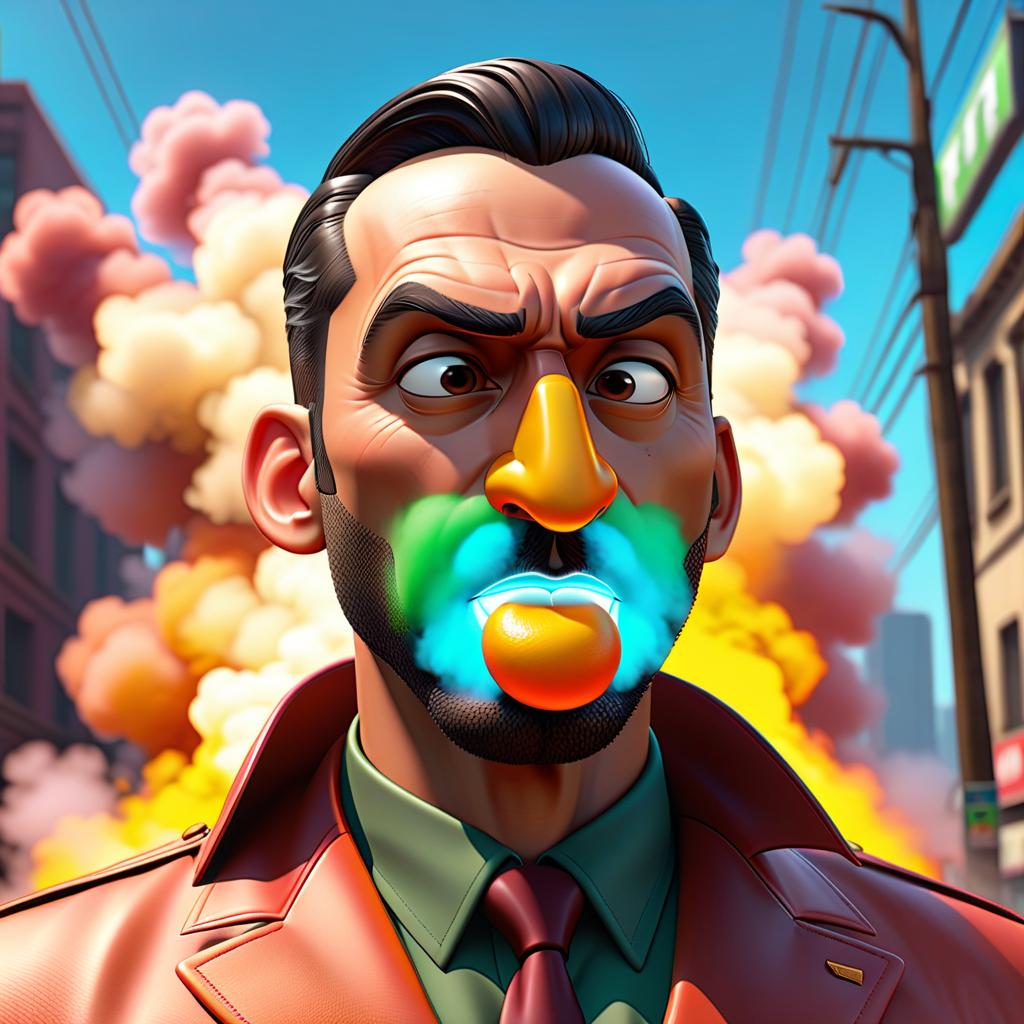  GTA style artwork emoji nose. nose inhales transparent air. 3d. animation. emoji. pixar . satirical, exaggerated, pop art style, vibrant colors, iconic characters, action packed hyperrealistic, full body, detailed clothing, highly detailed, cinematic lighting, stunningly beautiful, intricate, sharp focus, f/1. 8, 85mm, (centered image composition), (professionally color graded), ((bright soft diffused light)), volumetric fog, trending on instagram, trending on tumblr, HDR 4K, 8K