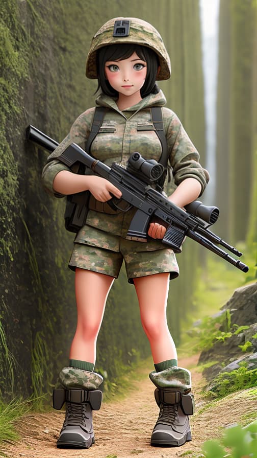  Two Heads Combat Full Body Camouflage Clothing Machine Gun Girl Cute