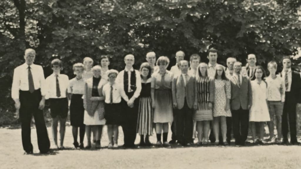  This photo was taken on September 1st 1986, exactly 128 days, or 4 months and 4 days, after the Chernobyl catastrophe took place. It captures my first day at in Gomel, Belarus. I had just turned that summer. In the photo, one can see my clmates and our teacher. Some are standing with their arms hanging beside their bodies, while others are seated on a low bench with their hands neatly placed on their . The students are arranged in three lines: 10 in the 3rd (top) back line, 9 in the 2nd (middle) line, and 13 in the 1st front line, totaling 32 students. There are 17 boys and 15 s, distinguished by the dress code. My friend Genadi is 4th from the right in the 3rd (top) line. I am seated in the very center of the