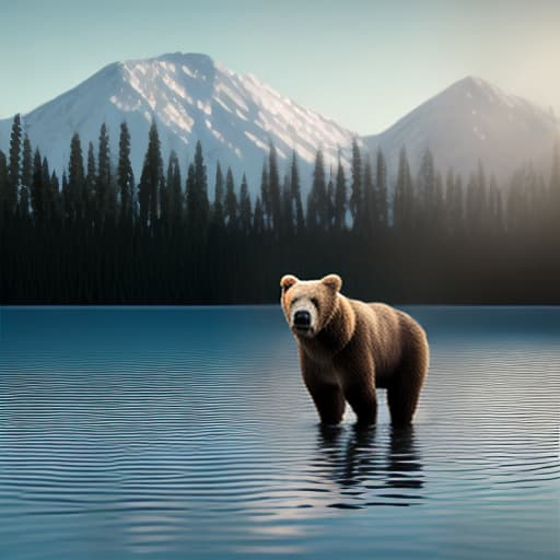 redshift style alaskan brown bear in a lake with mountains in the background