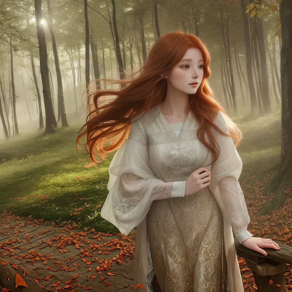  A barefoot woman with long flowing auburn hair stood among fallen leaves in a secluded clearing. The sunlight filtered through the dense leaves, casting complex patterns of light on her delicate features. She wore a flowing earth-colored dress that blended harmoniously with her surroundings. The atmosphere was calm and almost mysterious, as if time stood still in this charming place. The image is captured in painterly style, soft, soft colors and soft strokes giving it fantastic qualities. The light is warm and diffuse, creating softness. This is a digital painting, created using a drawing pad and software, focusing on capturing the details and textures of forest scenes.