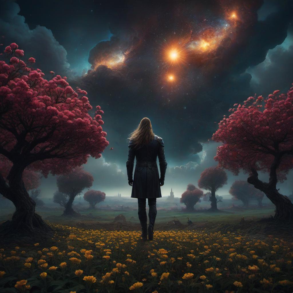  (stylized by Tomasz Alen Kopera:1.3) , dark art, dense flower field and Perseid meteor in background, landscape of a (Barcelona:1.2) , very Bizarre and 1600'S, Hurricane, Glitchcore, Amaro, layered textures, ornate, intricate artistic color, complimentary colors, very inspirational, atmosphere, fine artistic composition, sunny, theatrical hyperrealistic, full body, detailed clothing, highly detailed, cinematic lighting, stunningly beautiful, intricate, sharp focus, f/1. 8, 85mm, (centered image composition), (professionally color graded), ((bright soft diffused light)), volumetric fog, trending on instagram, trending on tumblr, HDR 4K, 8K