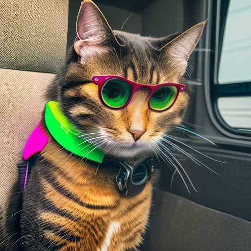 nvinkpunk Realistic image of a cat wearing headphones and reading glasses while riding a bus. hyperrealistic, full body, detailed clothing, highly detailed, cinematic lighting, stunningly beautiful, intricate, sharp focus, f/1. 8, 85mm, (centered image composition), (professionally color graded), ((bright soft diffused light)), volumetric fog, trending on instagram, trending on tumblr, HDR 4K, 8K