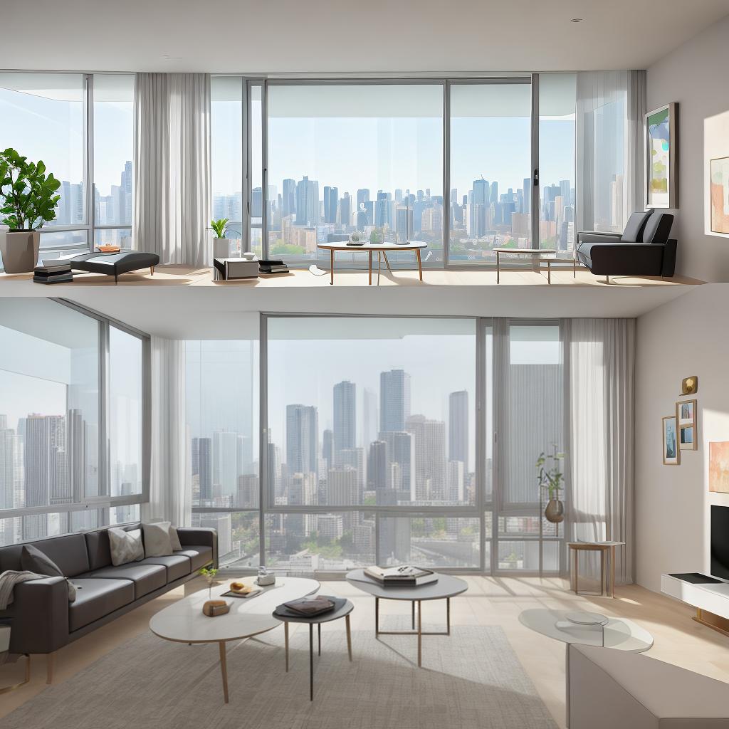  masterpiece, best quality, Best Quality, Masterpiece, 8k resolution,high resolution concept art of an apartment living room with floor to ceiling windows and modern furniture