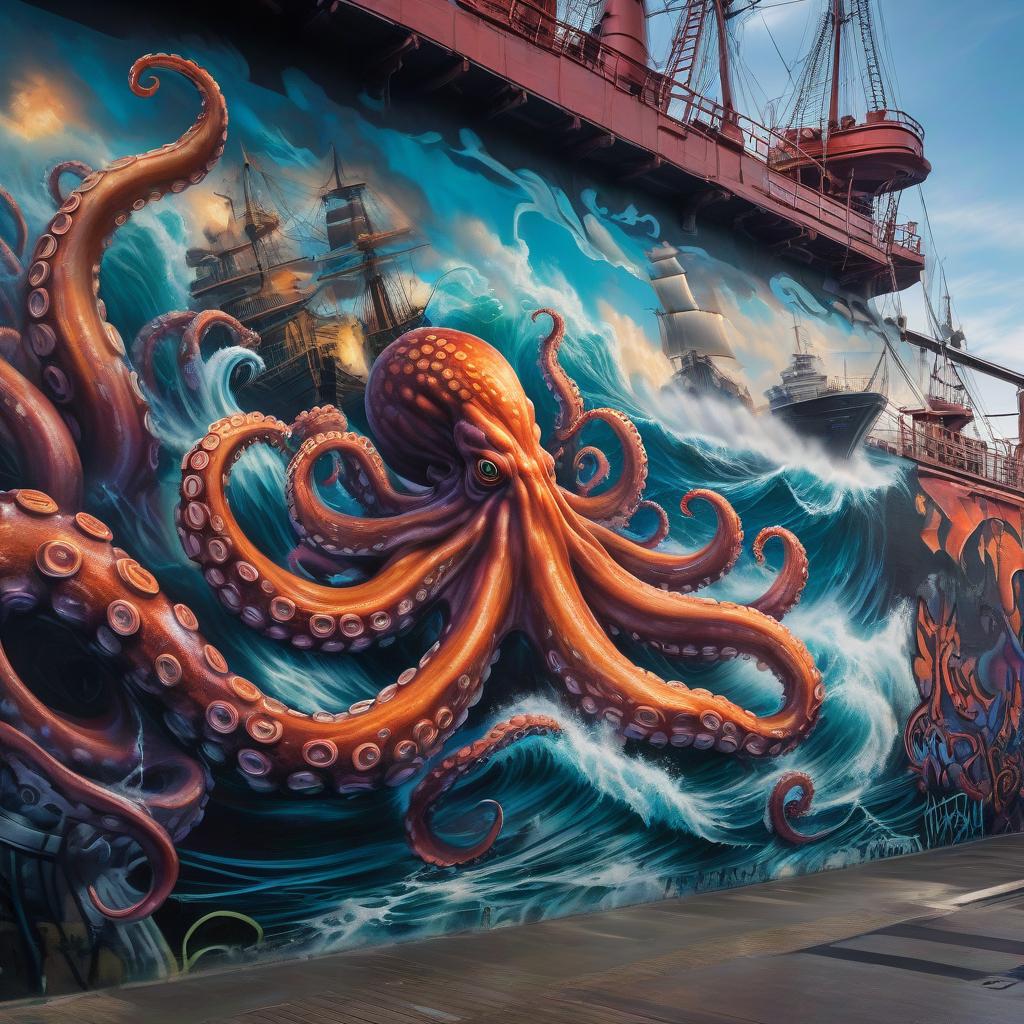  graffiti style A large and fearsome octopus attacking a ship on the high seas. . street art, vibrant, urban, detailed, tag, mural hyperrealistic, full body, detailed clothing, highly detailed, cinematic lighting, stunningly beautiful, intricate, sharp focus, f/1. 8, 85mm, (centered image composition), (professionally color graded), ((bright soft diffused light)), volumetric fog, trending on instagram, trending on tumblr, HDR 4K, 8K