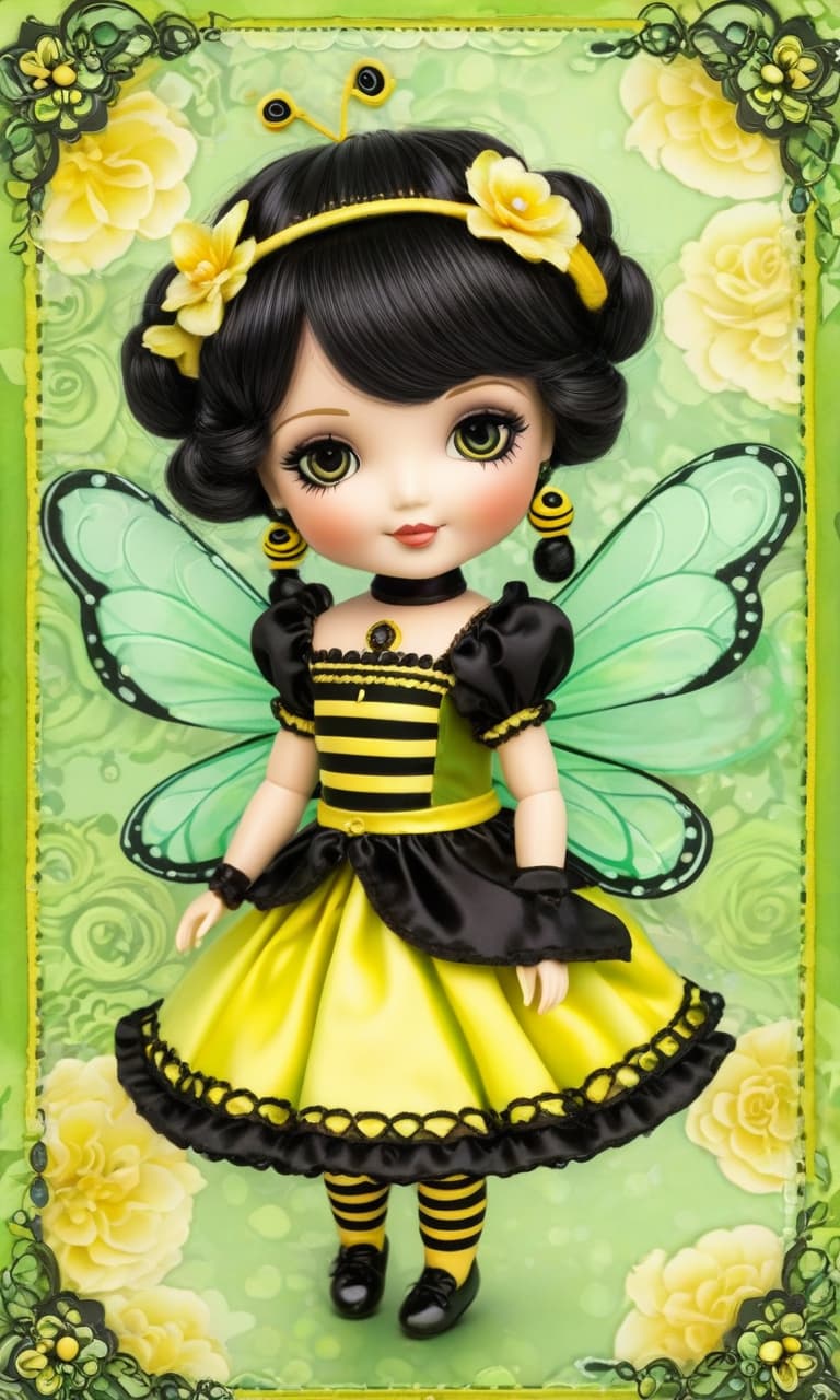  (Planar: 1,5) Image. Gorjuss doll with chibi elements. In cute carnival bee costume: black and yellow colors, wings. Charming, cute, optimistic. Background : light green, frame with expressive, bright floral decoration. (In the style of a Victorian postcard: 1,4), inspired by the manner of the works of (Susan Woolcott). Hyper detailed, high quality. hyperrealistic, full body, detailed clothing, highly detailed, cinematic lighting, stunningly beautiful, intricate, sharp focus, f/1. 8, 85mm, (centered image composition), (professionally color graded), ((bright soft diffused light)), volumetric fog, trending on instagram, trending on tumblr, HDR 4K, 8K