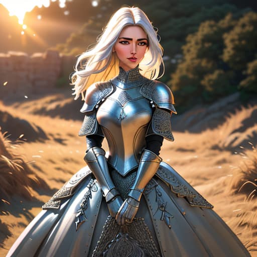  Portrait of a girl, the most beautiful in the world, (medieval armor), metal reflections, upper body, outdoors, intense sunlight, far away castle, professional photograph of a stunning woman detailed, sharp focus, dramatic, award winning, cinematic lighting, volumetrics dtx, (film grain, blurry background, blurry foreground, bokeh, depth of field, sunset, interaction, Perfectchainmail), (masterpiece), (extremely intricate:1.3), (ultra realistic) hyperrealistic, full body, detailed clothing, highly detailed, cinematic lighting, stunningly beautiful, intricate, sharp focus, f/1. 8, 85mm, (centered image composition), (professionally color graded), ((bright soft diffused light)), volumetric fog, trending on instagram, trending on tumblr, HDR 4K, 8K