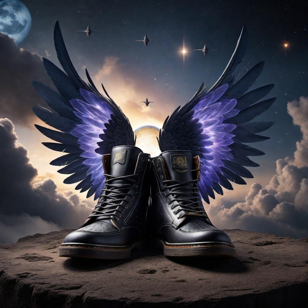  An image of the number 1 depicted as shoes with wings, flying over dark shadows or clouds representing negativity. Form a circle around these flying shoes with positive elements including a glowing aura, bright stars, and a globe symbolizing world change. Output a bright and hopeful horizon in the background, with the negativity clearly left behind. hyperrealistic, full body, detailed clothing, highly detailed, cinematic lighting, stunningly beautiful, intricate, sharp focus, f/1. 8, 85mm, (centered image composition), (professionally color graded), ((bright soft diffused light)), volumetric fog, trending on instagram, trending on tumblr, HDR 4K, 8K