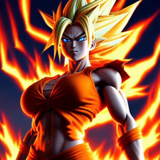  Female super sayan, red goku kostüm. Perfekt body. Sayan hair, fire eyes, fire hands, dead planet burn. 4k