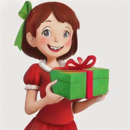  drawing of a cute cheerful smiling girl opening a present in red wrapping paper wrapped with green ribbon