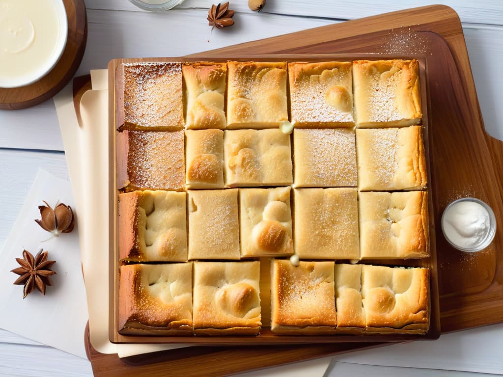  An ultradetailed image showcasing a batch of freshly baked blondies, glistening under a soft light to highlight their goldenbrown crust. The blondies are arranged neatly on a rustic wooden platter, with a dusting of powdered sugar on top adding a touch of elegance. Each blondie is studded with chunks of rich white chocolate and crunchy macadamia nuts, exuding a warm, inviting aroma that seems to waft off the screen. The texture of the blondies is perfectly captured, showcasing a moist, dense interior with a slightly chewy edge, making it impossible not to crave a bite. hyperrealistic, full body, detailed clothing, highly detailed, cinematic lighting, stunningly beautiful, intricate, sharp focus, f/1. 8, 85mm, (centered image composition), (professionally color graded), ((bright soft diffused light)), volumetric fog, trending on instagram, trending on tumblr, HDR 4K, 8K