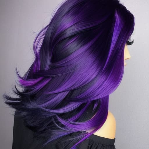   huge. black and purple. gradient hair style. cute . long eyelashes. background dark. rich details. 32k.